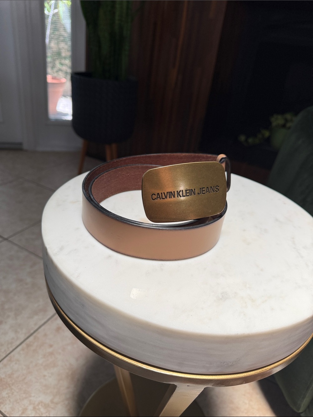 Calvin Klein Jeans Tan Leather Belt with Brass Logo Plaque